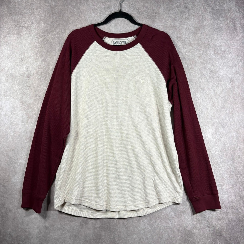 American Eagle Thermal‎ Waffle Knit Shirt Mens Large Oatmeal Purple Long Sleeves